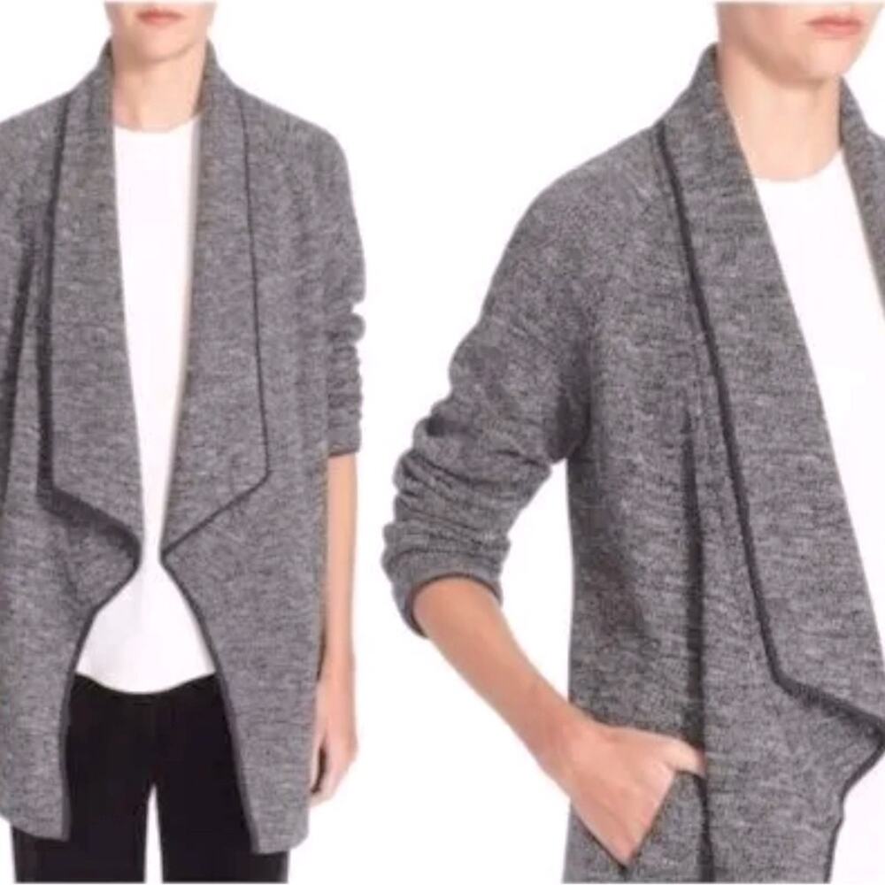Theory Waterfall Sweater Cardigan Womens Small Black Wool Leather Trim Excellent